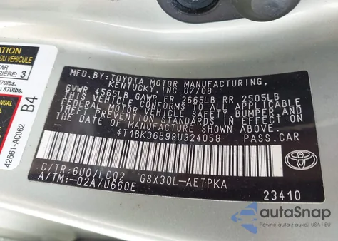 2008 Toyota Avalon Limited z USA, uszkodzony, nr VIN 4T1BK36B98U324058